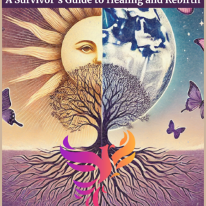 "Book cover for 'Phoenix Rising: A Survivor's Guide to Healing and Rebirth' by Dr Sandra Hamilton. The cover features a striking dualistic image split vertically down the middle. On the left side is a golden sun with a face, radiating warm light, while the right side shows a luminous full moon against a dark blue starry sky. A single tree spans both halves - its left side full of branches in daylight, its right side silhouetted against the night. Purple and pink butterflies float around the edges of the image. At the bottom, a stylized phoenix symbol in purple, red, and orange colors appears above a ground of flowing root-like patterns. The overall color scheme transitions from warm golds and yellows on the left to cool purples and blues on the right, symbolizing transformation and duality. The title appears in a bold font at the top of the cover."